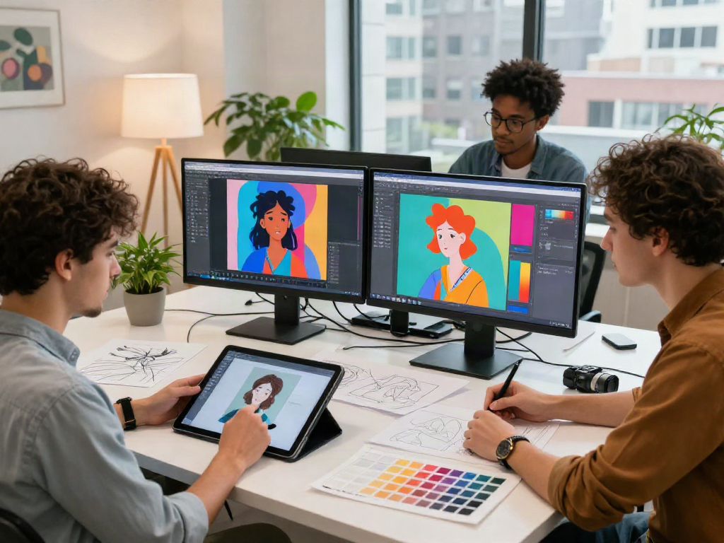image to image ai team working collaboratively on digital artwork in modern studio