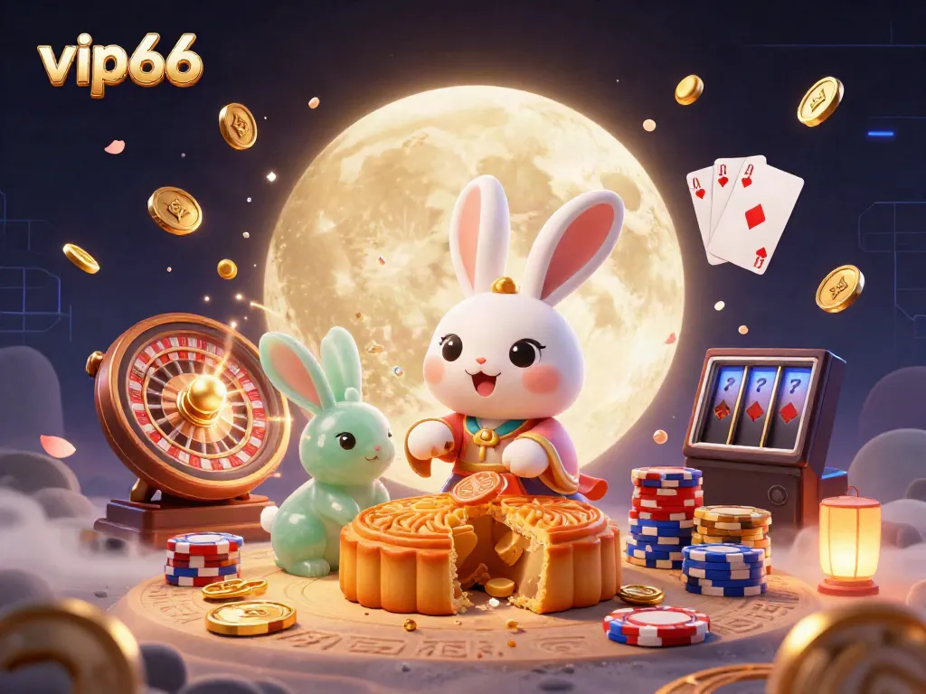 Engage with vip66 as a playful moon rabbit creates poker chips within lunar mooncakes against a casino backdrop.
