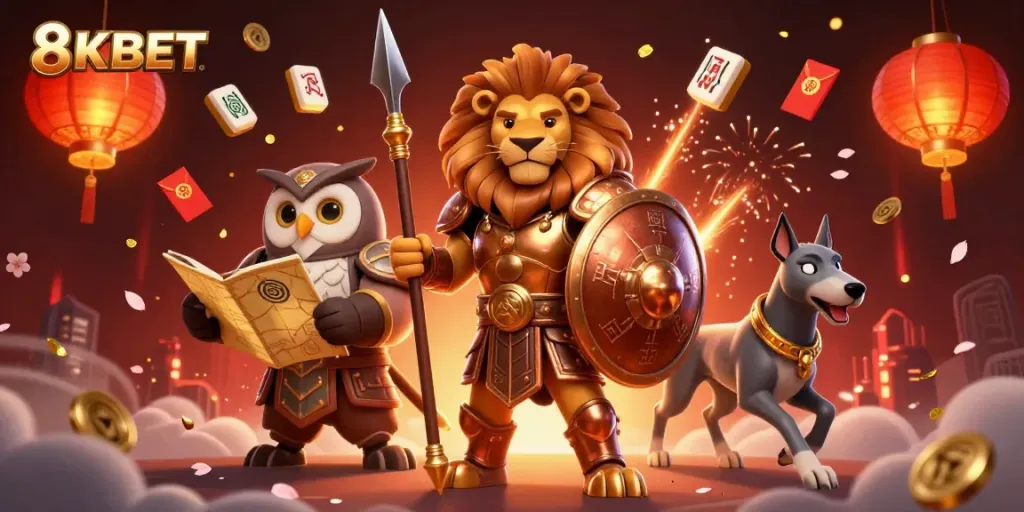 Experience thrilling gameplay at 8KBET with exciting casino elements like golden mahjong tiles and vibrant lanterns.
