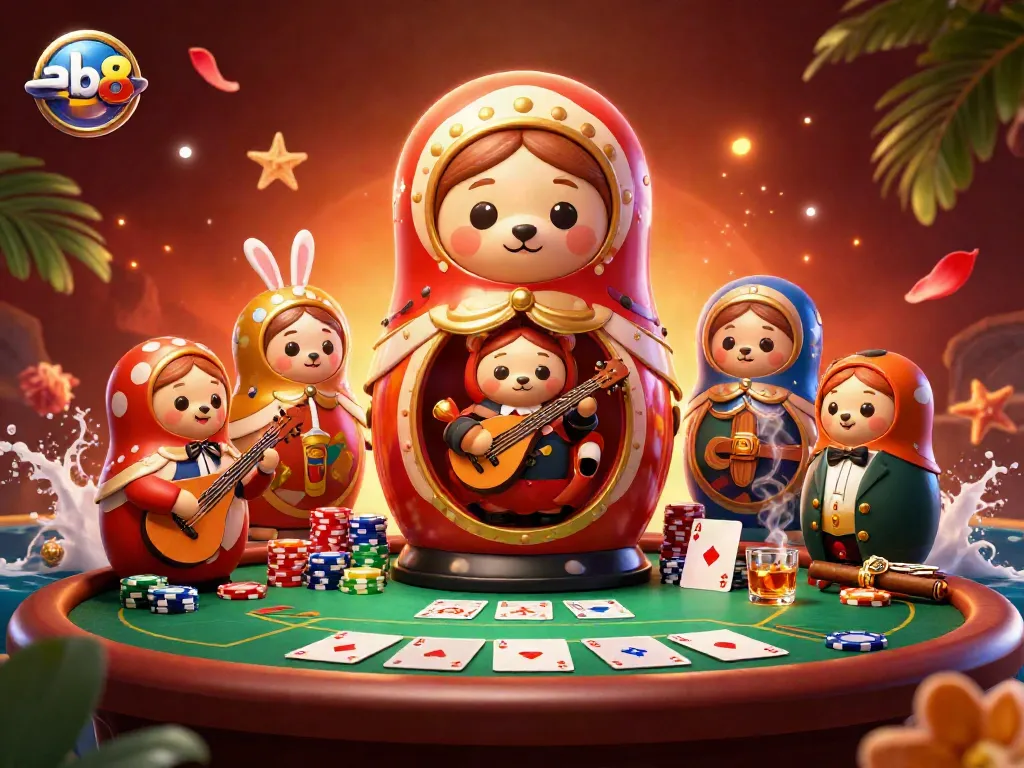 Engage in thrilling poker action with abc8's vibrant casino scene featuring Russian Matryoshka bears and lively characters.