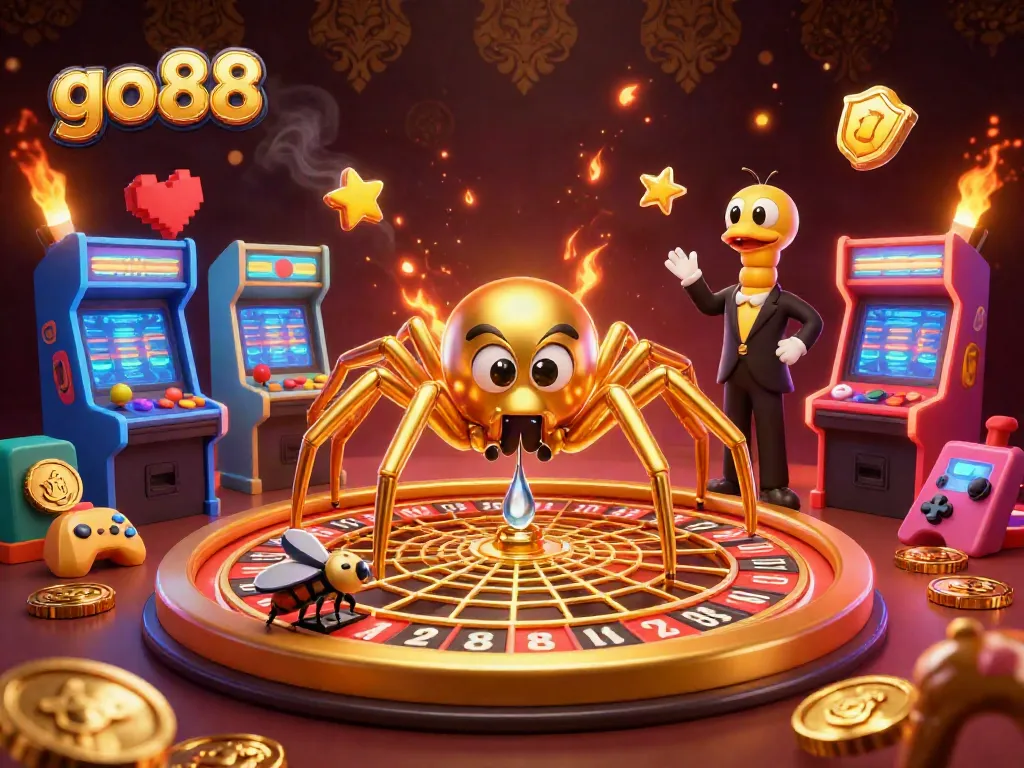 Place bets with go88 in a vibrant 3D casino scene featuring a golden spider roulette.