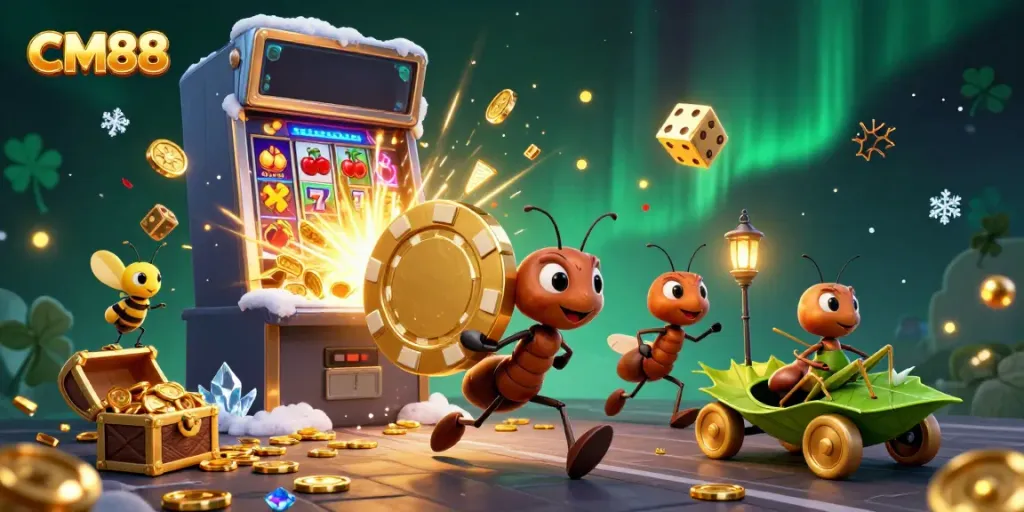 Ants in a heist scene showcasing CM88, carrying a giant poker chip with casino elements.