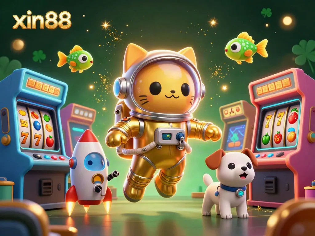 Experience the excitement of xin88 with a playful astronaut cat and robotic dog in a vibrant casino scene.