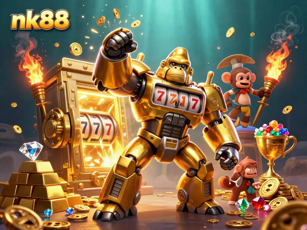 Experience the thrills of nk88 with a golden gorilla mech celebrating jackpot wins and treasure.