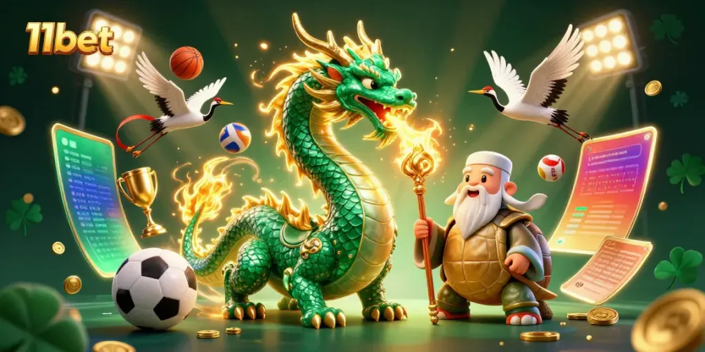 Experience thrilling gameplay at 11bet with a dynamic casino atmosphere featuring dragons, sports balls, and dazzling effects.