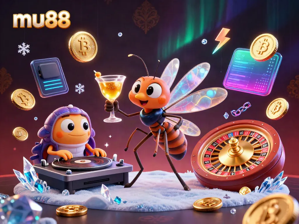 Win big with mu88 at the casino, featuring a frozen mosquito mascot, trilobite DJ, and roulette wheel.
