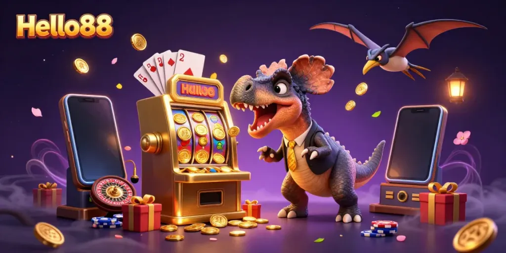 Experience the thrill at Hello88 with a cartoon dinosaur winning jackpots and a chaotic casino scene.