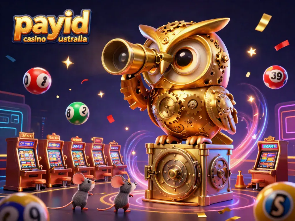 Engaging scene of a payid casino australia with a golden owl and animated slot machines around it.