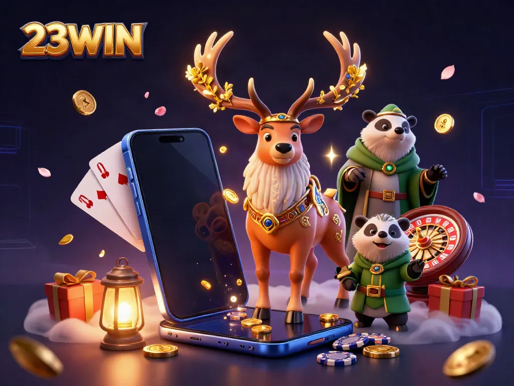 Experience exciting gaming with 23WIN, highlighted by slot games, golden coins, and dynamic illustrations.