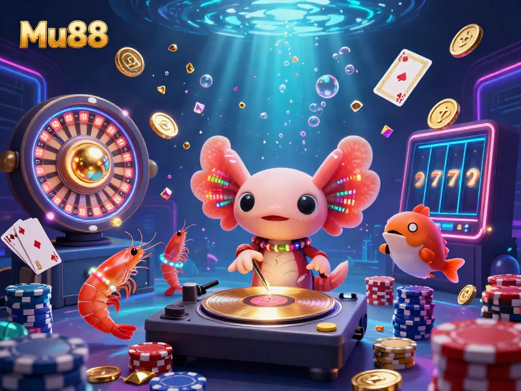 Experience the vibrant underwater casino scene with Mu88, featuring animated characters, golden coins, and slot machines.