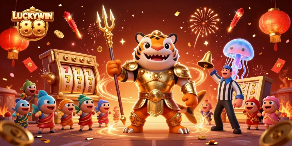 Experience the excitement of LUCKYWIN 88 with a dynamic underwater casino scene filled with vibrant game elements.