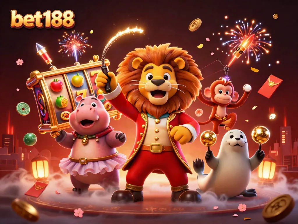 Experience the thrill of winning with bet188 in a vibrant 3D circus-themed casino scene.