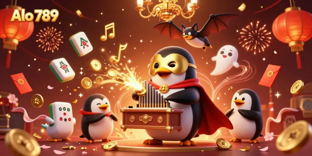 Alo 789 delivers exciting ghostly musical moments while the penguin organist plays and golden coins fly in celebration.