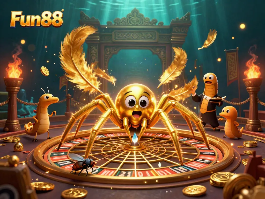 Fun88 features an exhilarating golden spider spinning a roulette wheel web with dynamic betting elements.