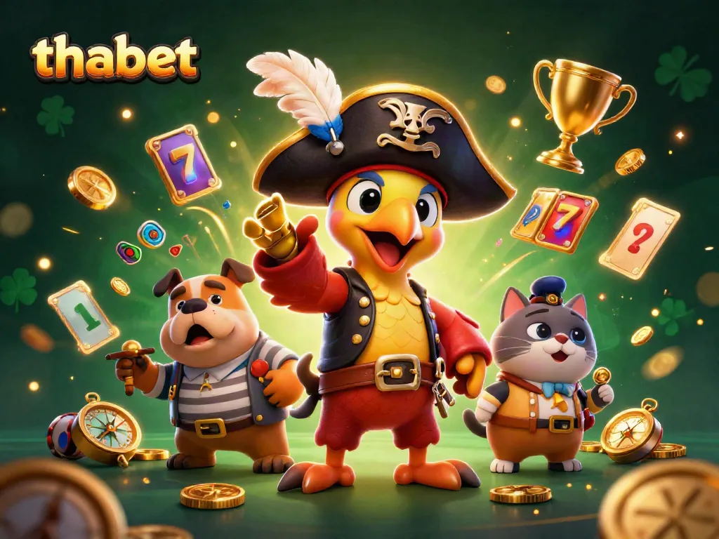 Experience thrilling adventures with thabet's lively casino games and rewards in this vibrant illustration.