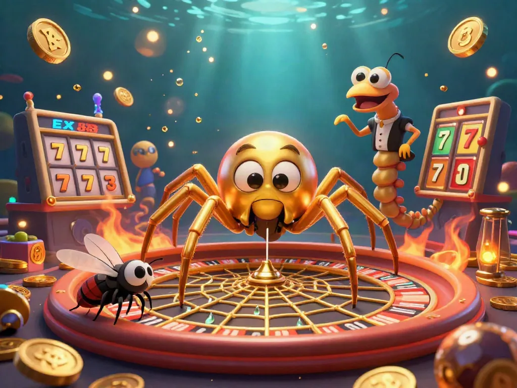 Spin the roulette with EX 88 featuring a golden spider and a centipede croupier in a vibrant casino.