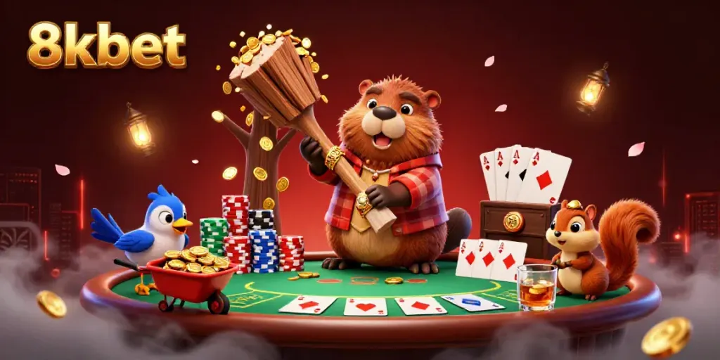 Experience gambling excitement at 8kbet, featuring animated characters collecting coins at a lively poker table.
