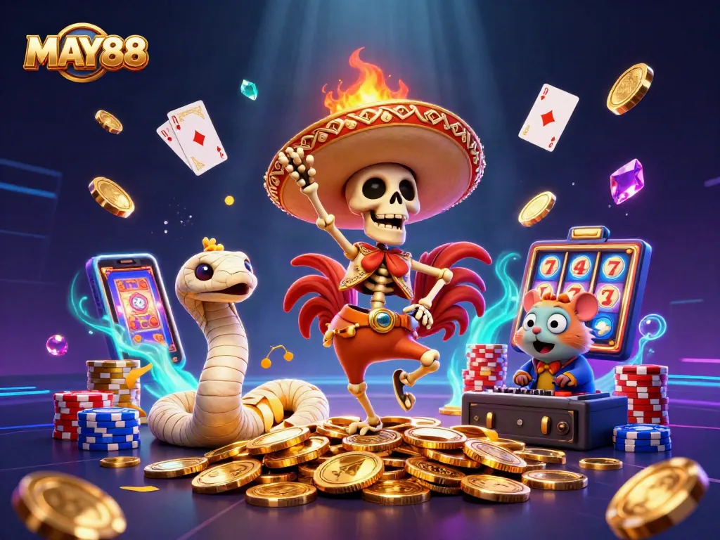 MAY88 casino illustration featuring a mariachi rooster celebrating with golden coins, showcasing vibrant gaming elements.
