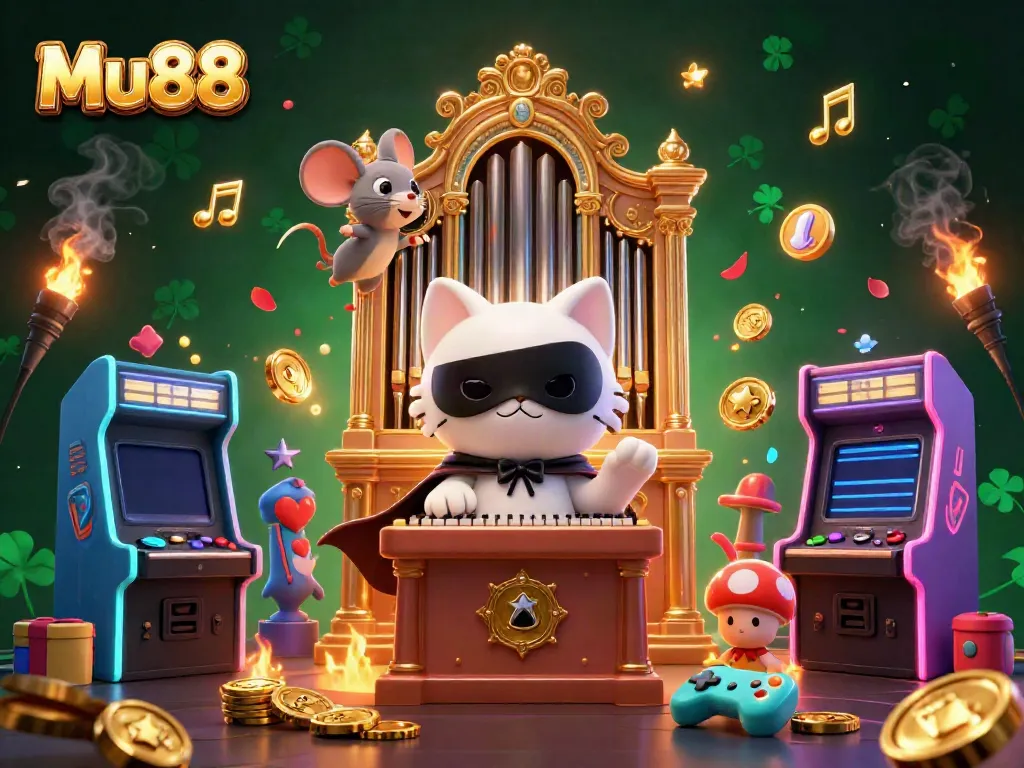 Engage in Mu88's vibrant casino atmosphere with a whimsical illustration featuring a phantom cat and a mouse acrobat.