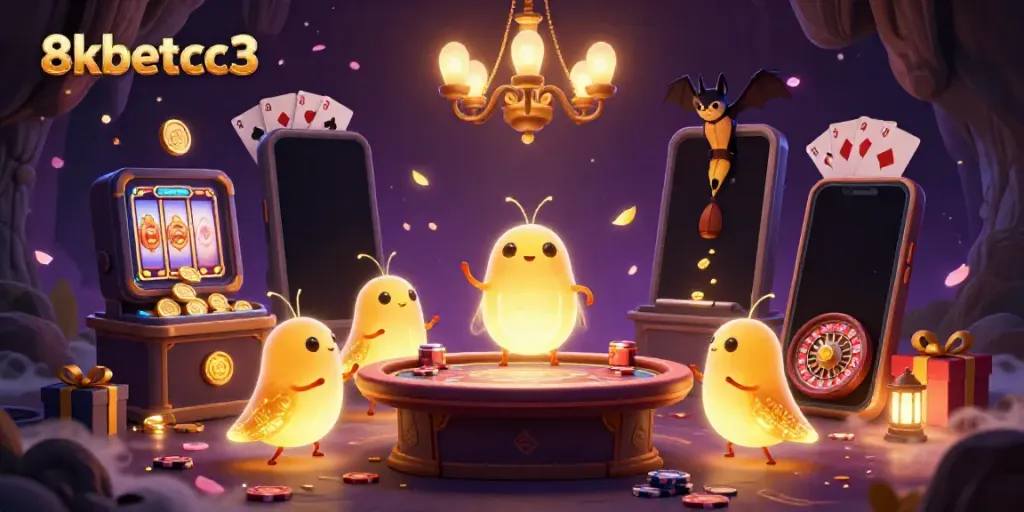 Win big with 8kbetcc3 at a vibrant cave casino lit by glowworms and immersive slot games