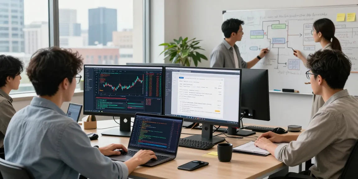 Developers collaborating on index constituent stocks API project with financial charts and technical documentation in a modern workspace