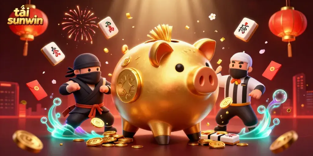 Join the excitement when you tải sunwin with a dynamic illustration of playful characters and casino-themed elements.