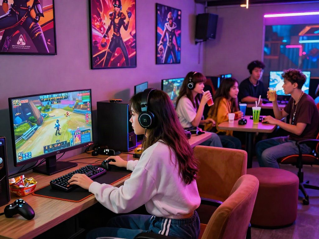 Players enjoying porn games in a vibrant urban gaming lounge with neon lights and intense focus.
