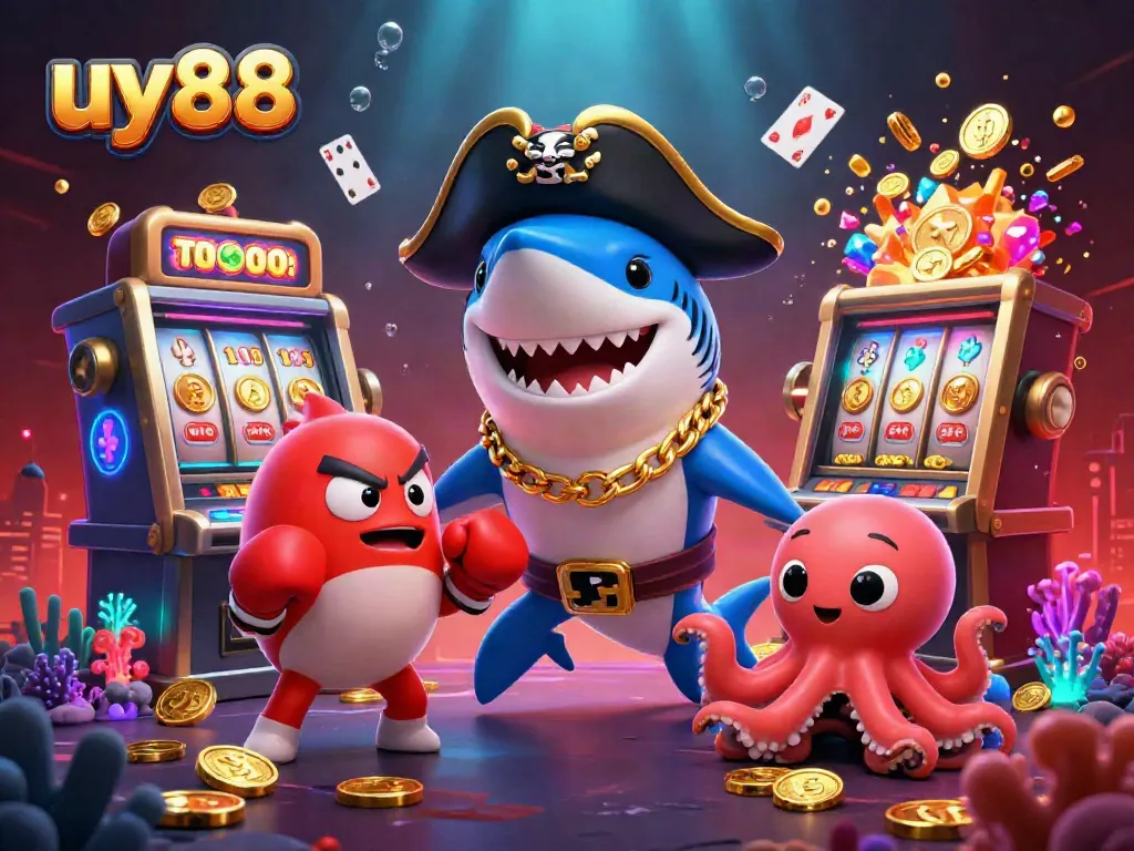 Experience thrilling gameplay with uy88, featuring animated casino characters amidst vibrant slot gameplay.