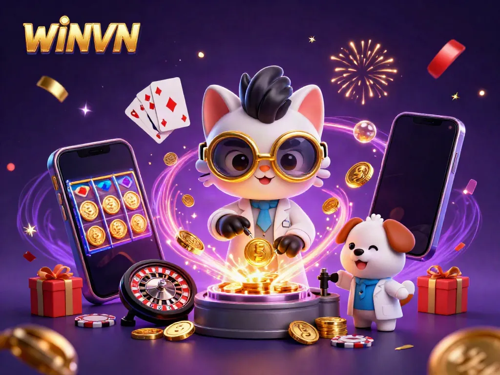 WINVN showcases a vibrant casino scene with a mad scientist cat and assistant creating gold coins amidst lively game elements.