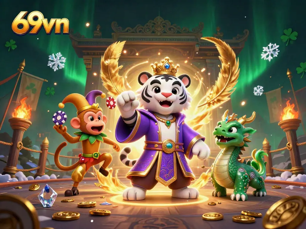 Experience the excitement of 69vn with a playful golden monkey and elegant characters in a vibrant casino scene.