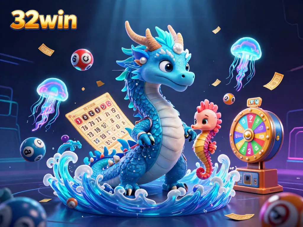 Experience the thrill of 32win as colorful lottery elements and a water dragon create a vibrant gaming scene.