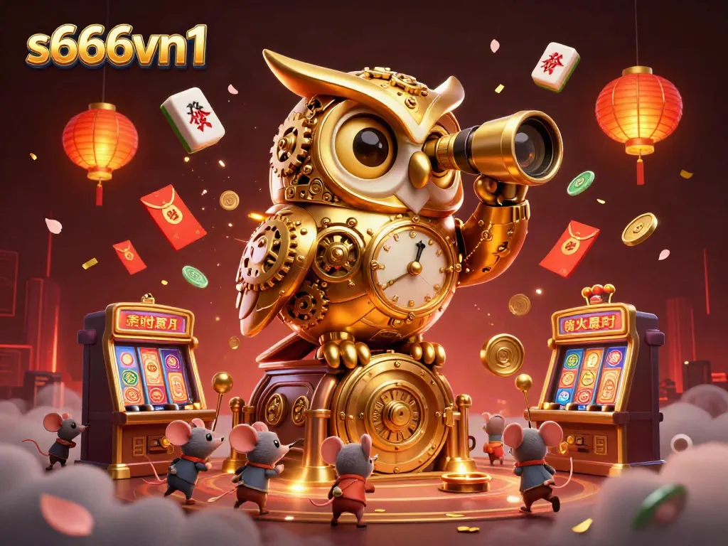 Experience the vibrant s666vn1 casino scene with a golden owl and whimsical mice amid floating game elements.