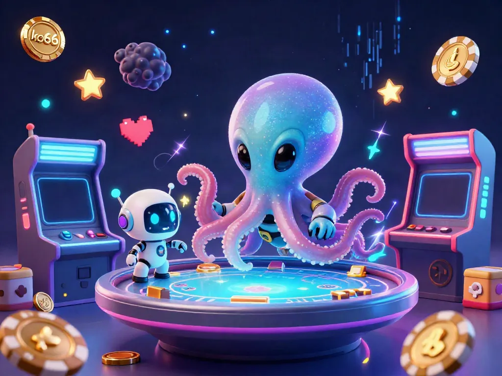 Join the colorful world of ko66 as a cartoon alien octopus plays poker amidst glowing game machines.