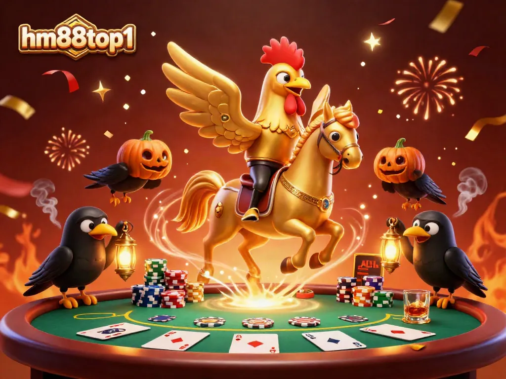 Experience thrilling gameplay at hm88top1 with a lively casino scene featuring a golden rooster and poker elements.