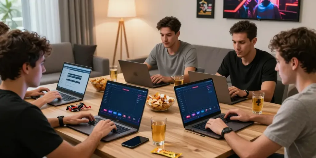Engaged gamers enjoying online gambling at https://manclub1.jp.net/ in a lively living room setting.