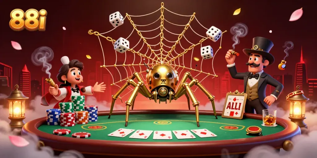 88i captures the essence of thrilling poker action with a steampunk spider and fly gentleman in a vibrant casino setting.