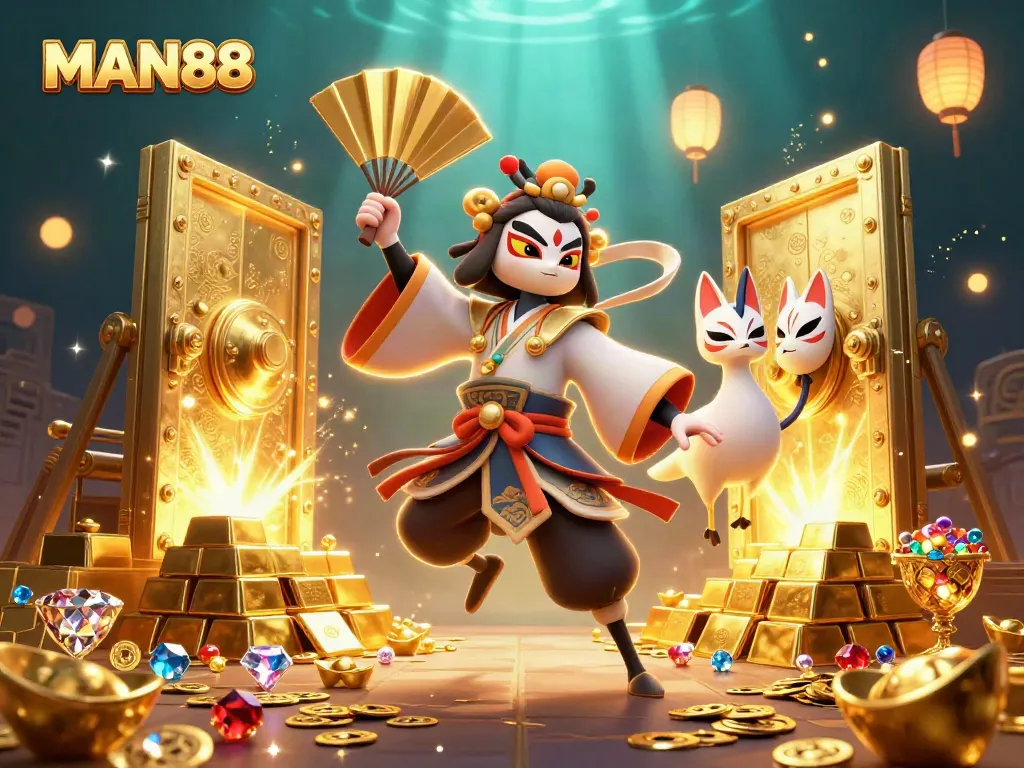 Experience the thrill of gaming with MAN88's vibrant 3D illustration showcasing rich treasures and iconic characters.