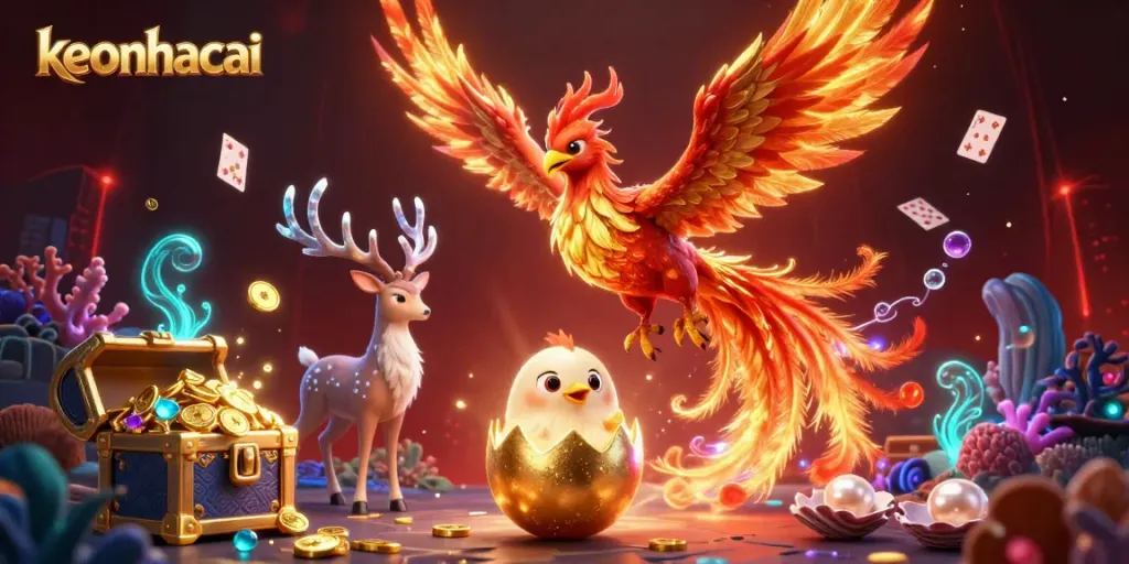 Engage winning strategies with keonhacai through vibrant 3D illustration of a phoenix and stag in a dynamic casino scene.