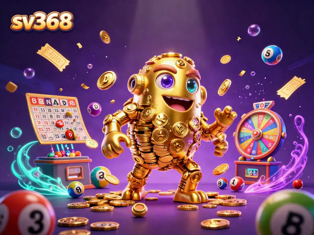 Engage with sv368's vibrant casino experience featuring a golden golem, dynamic game elements, and a colorful backdrop.