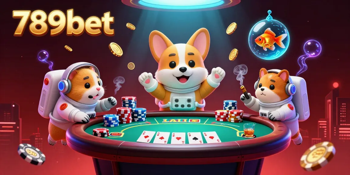 Experience thrilling gaming action at 789bet's casino with astronaut corgi and friends amidst floating poker elements.