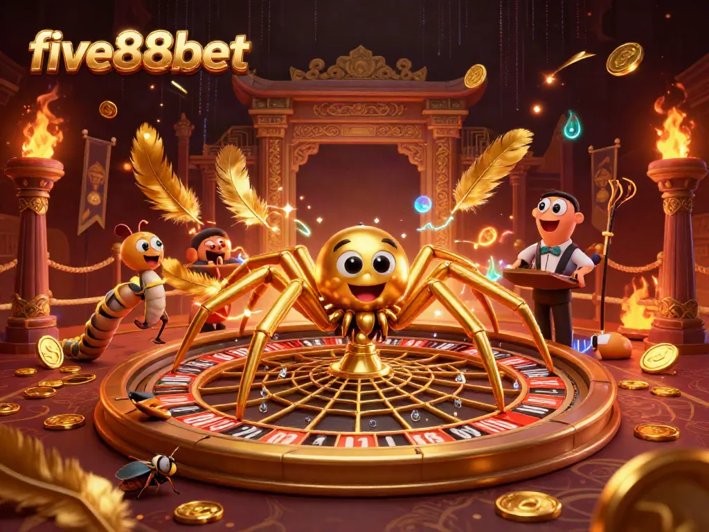 Experience thrilling bets at five88bet with a dynamic 3D casino scene featuring colorful characters and elements.