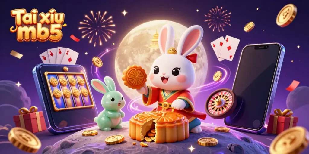 Players enjoy Tài xỉu mb5, experiencing vivid slots and casino excitement in a moonlit scene.