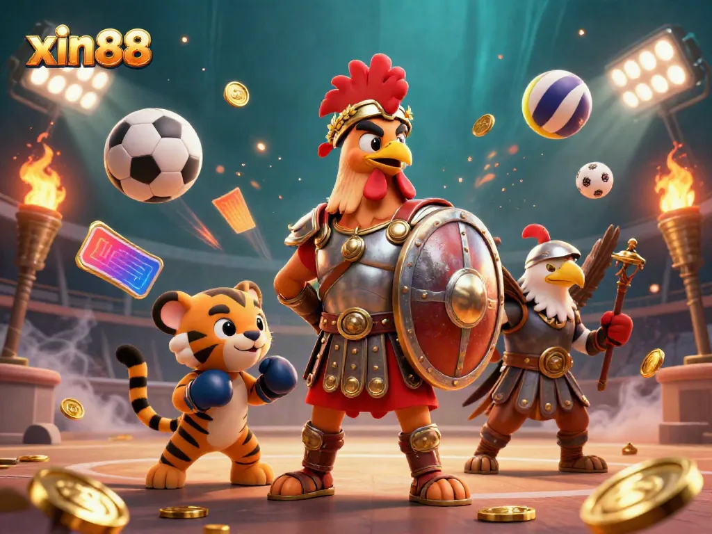 XIN88's vibrant 3D illustration showcases a gladiator rooster and sparring tiger cub in a dynamic casino arena.