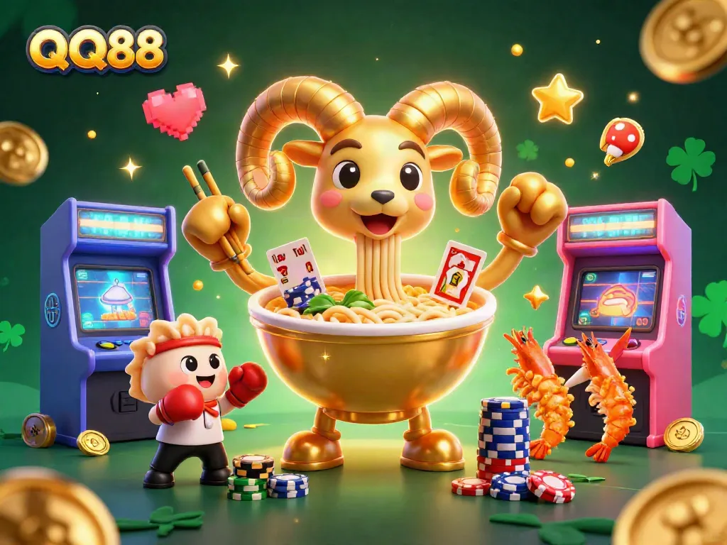 Engage with QQ88 in a vibrant 3D casino scene full of dynamic arcade gaming elements.