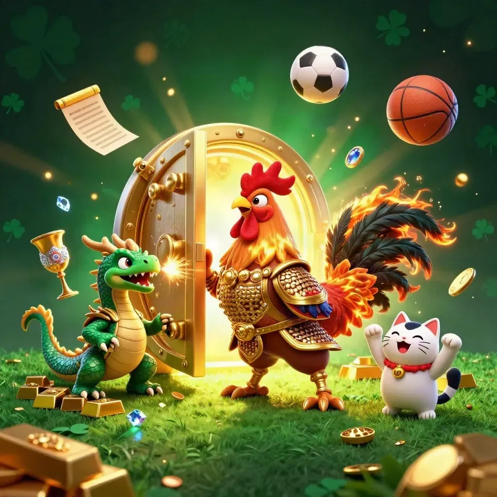 Rooster warrior, dragon hatchling, and fortune-cat amid gold, balls, vault light, and casino glow.