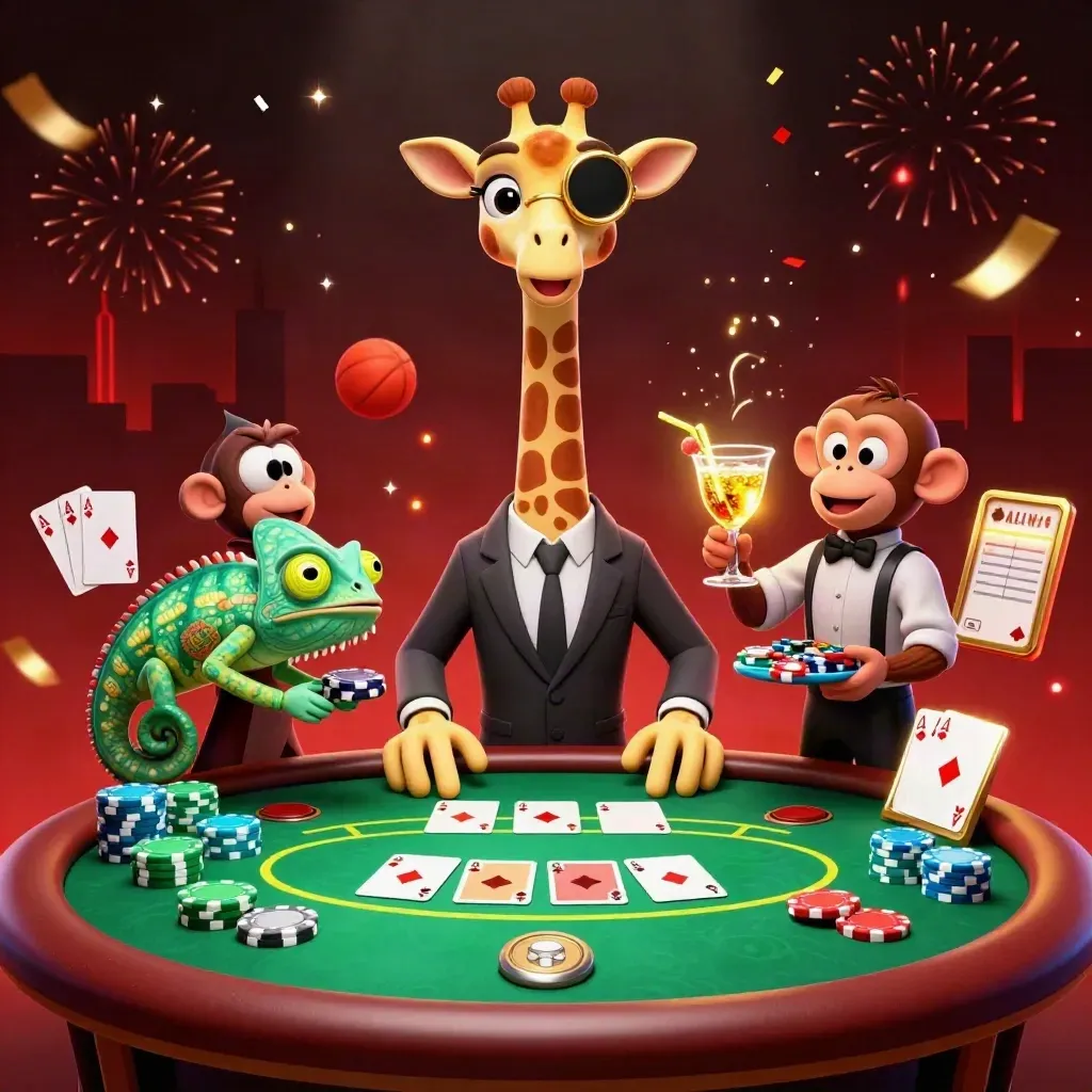 Giraffe, monkey valet, and chameleon bartender amid neon poker chaos and glowing city lights.