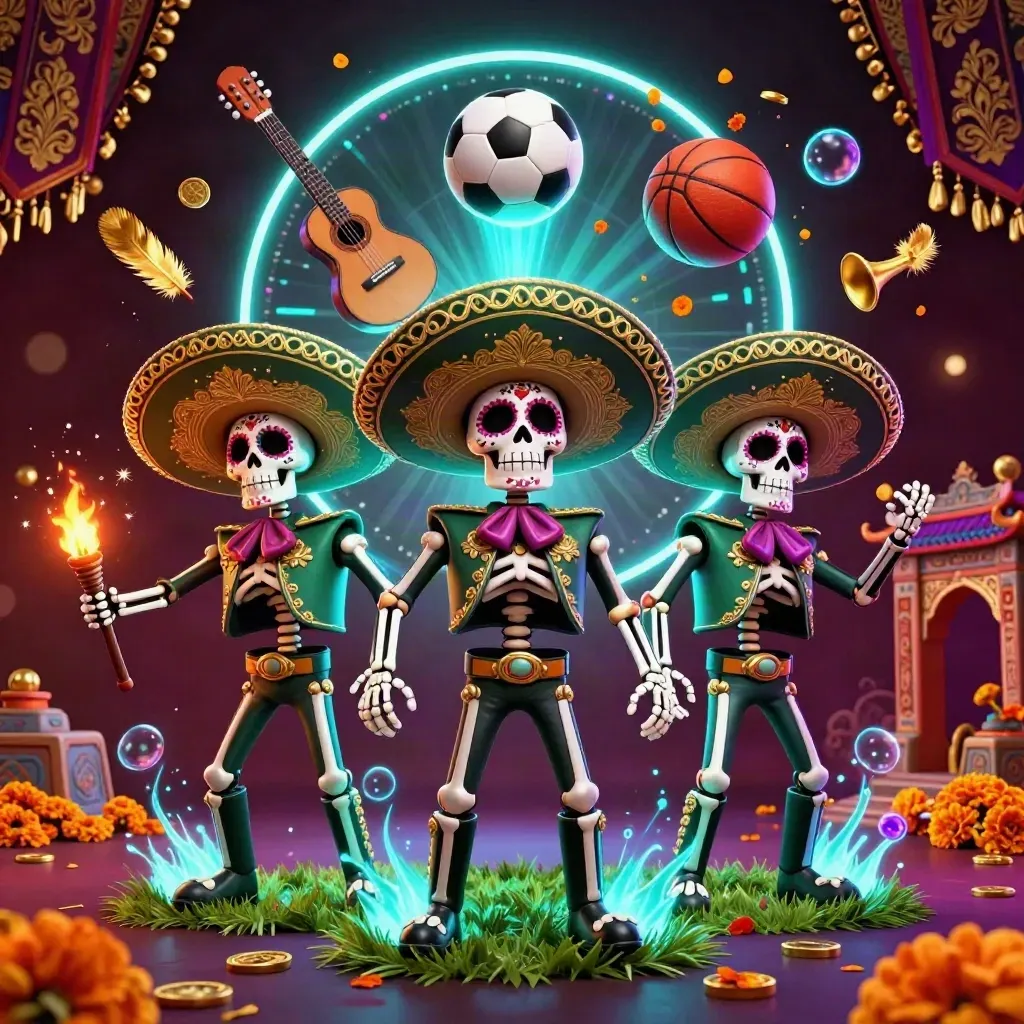 Skeleton mariachi trio with flying balls, coins, and neon casino lights in a luxe dark fantasy scene.