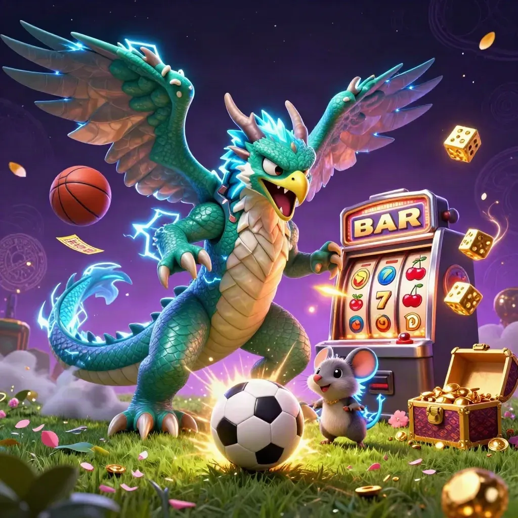 Dragon, hawk and mouse amid soccer-ball sparks, slot symbols and neon casino glow.