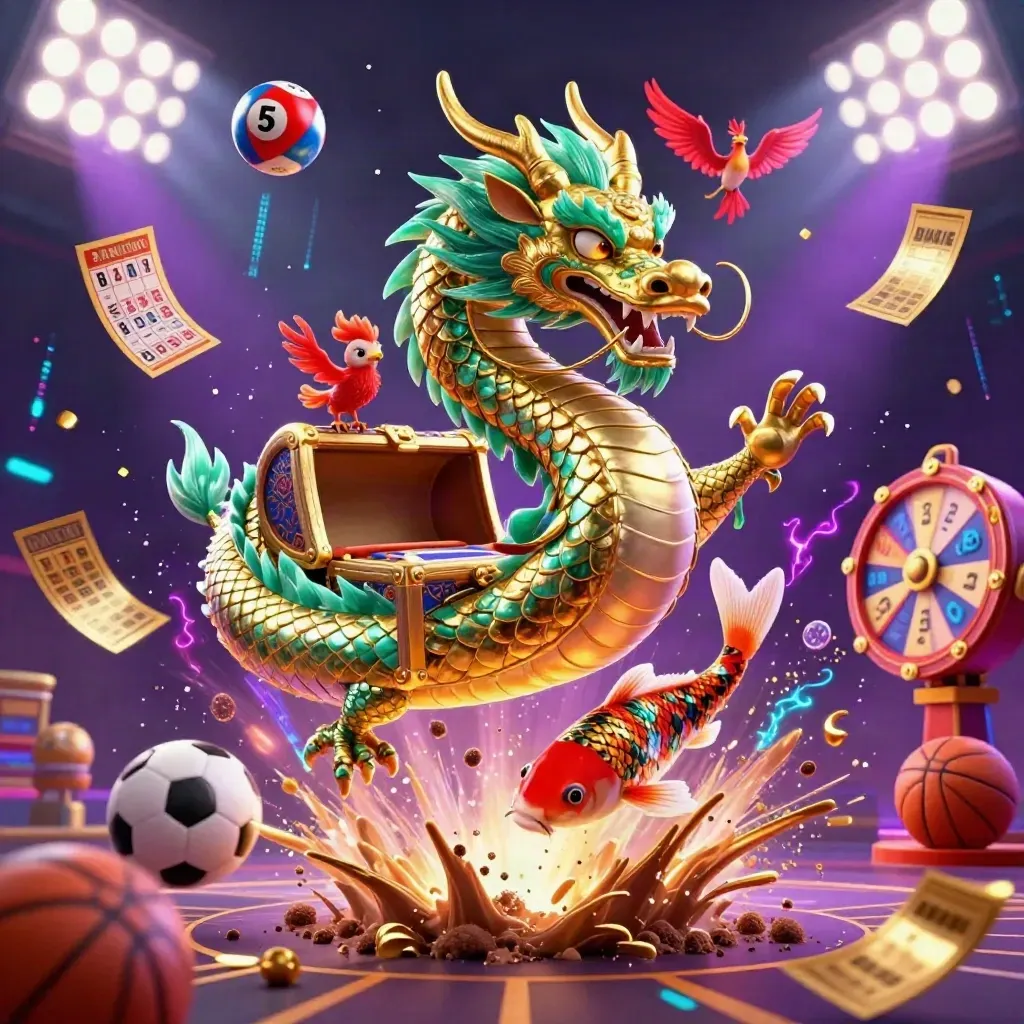 Golden dragon, phoenix, koi and neon casino icons explode in jade light on a cosmic purple-black backdrop.