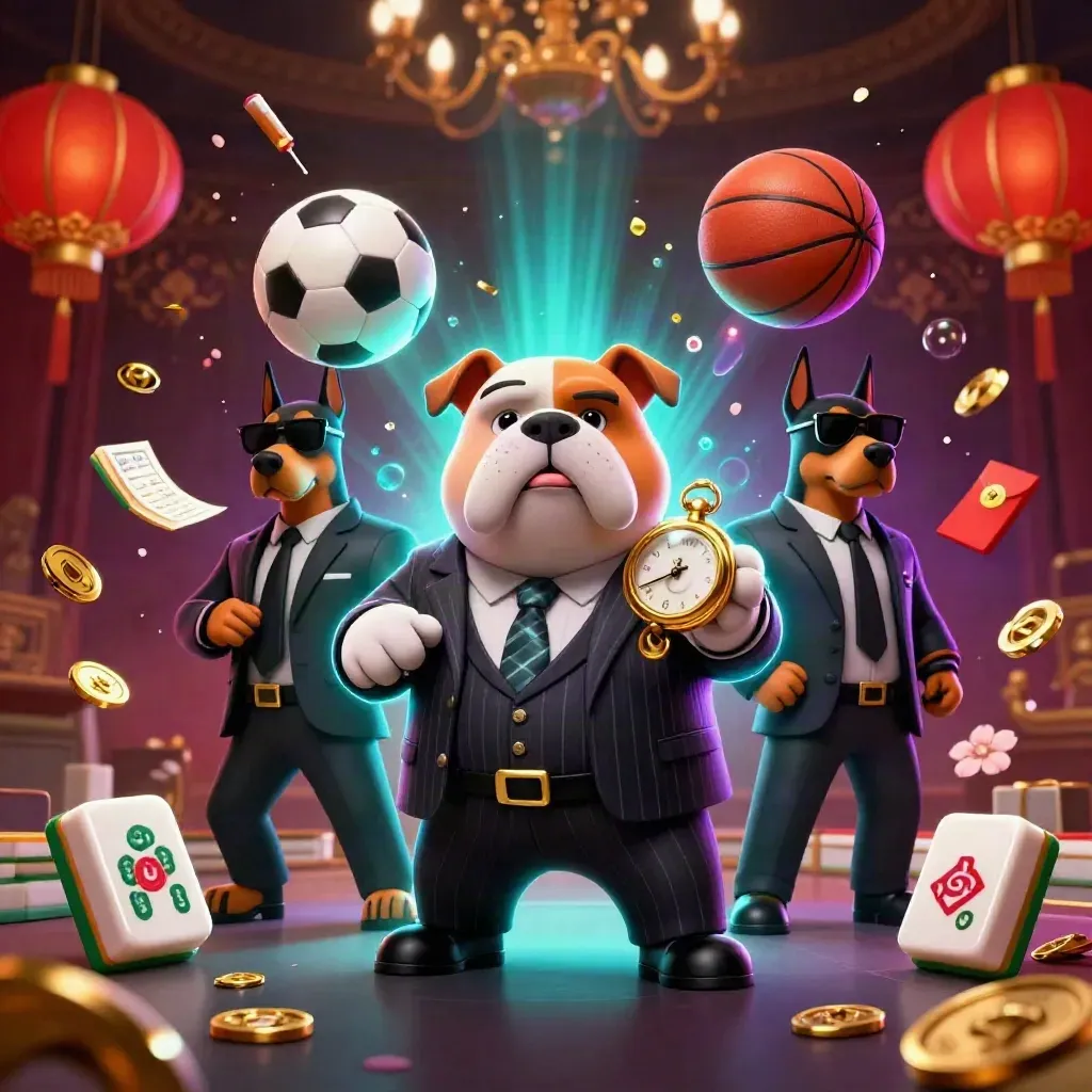 Low-angle 3D casino art: bulldog boss and Dobermans amid jade coins, lanterns, and neon sparks.